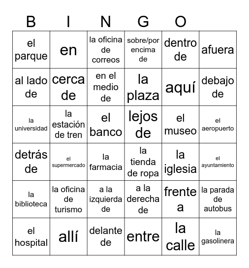 PREPOSICIONES DE LUGAR Y ORIENTACION Bingo Card