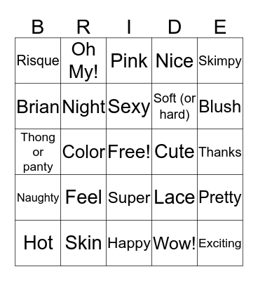 Lingerie Shower Bingo Card