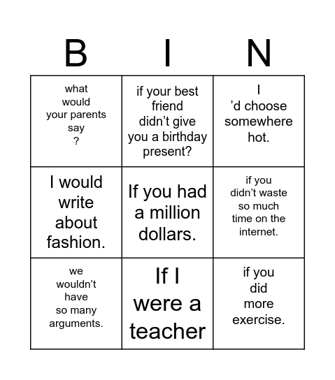 Second Conditional Bingo Card