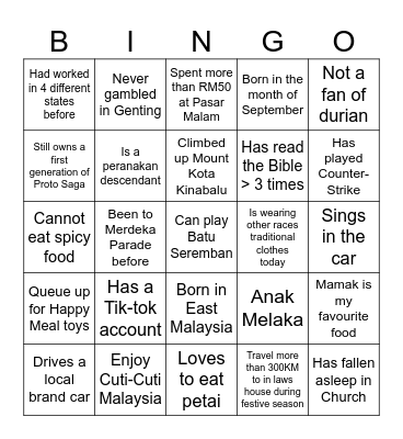 Malaysia Day Bingo Card