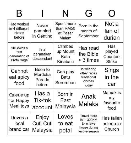 Malaysia Day Bingo Card