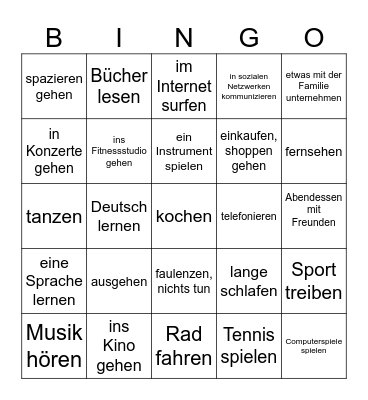 Hobby und Freizeit Bingo Card