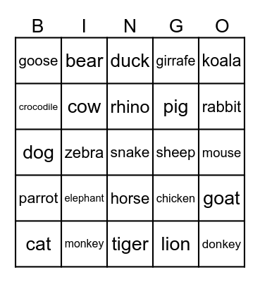 Animals Bingo Card