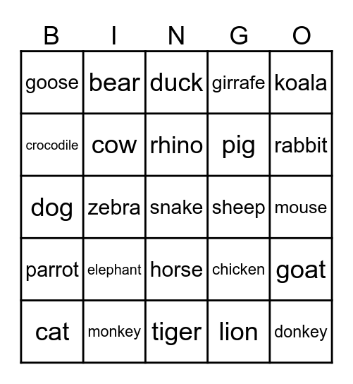 Animals Bingo Card