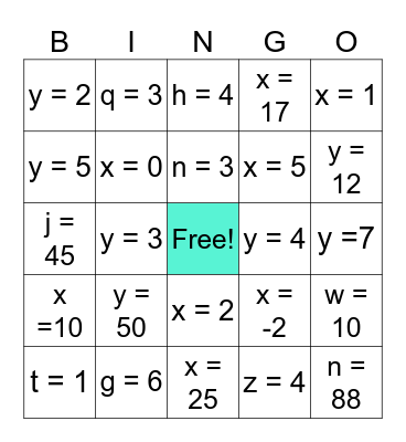 Algebra Bingo Card