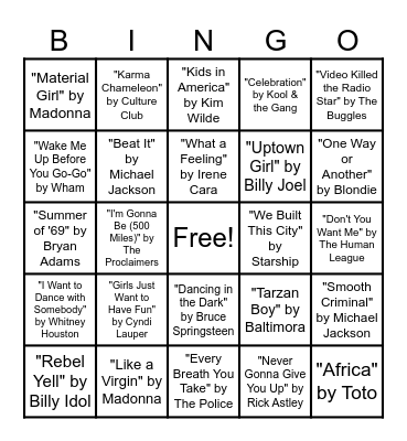 80's Music Bingo Round #1 Bingo Card