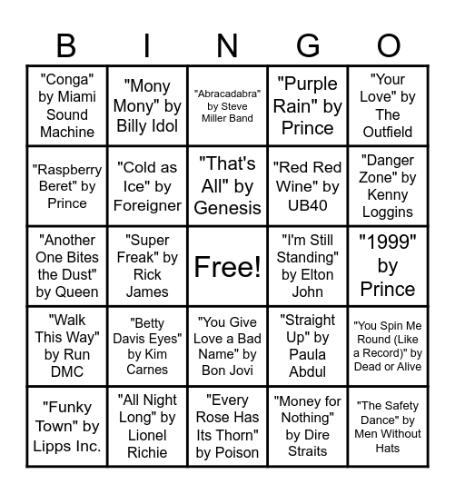 80's Music Bingo Round #2 Bingo Card