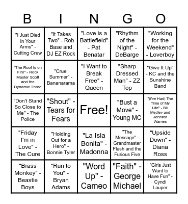 80's Music Bingo Round #4 Bingo Card