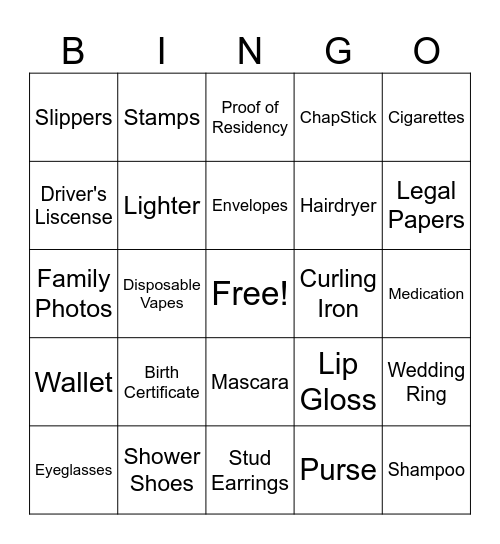 Permittable Items Bingo Card