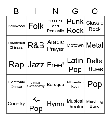 Music Genres Bingo Card