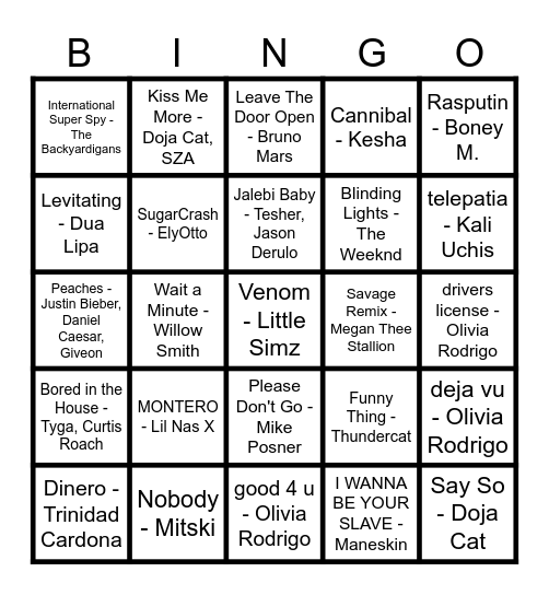 TIKTOK SONGS Bingo Card