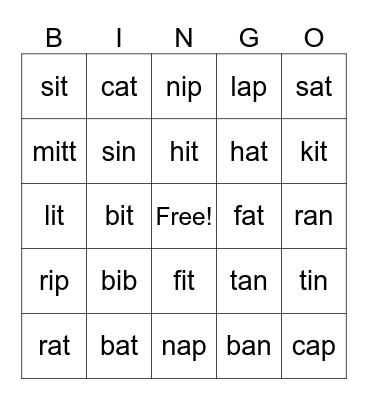 Short Vowels:  A  &  I Bingo Card