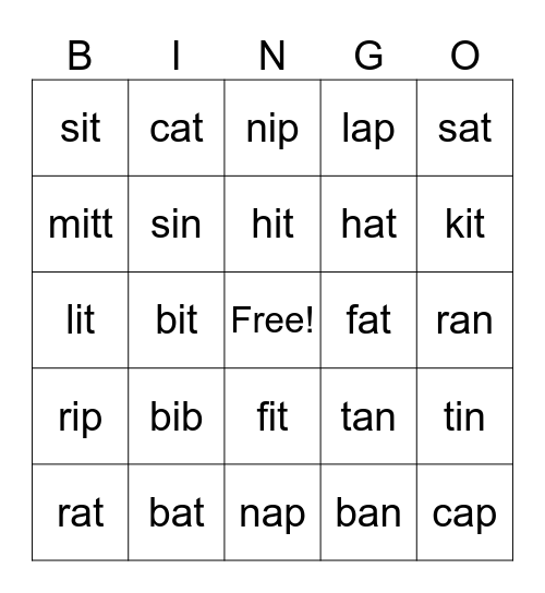 Short Vowels:  A  &  I Bingo Card