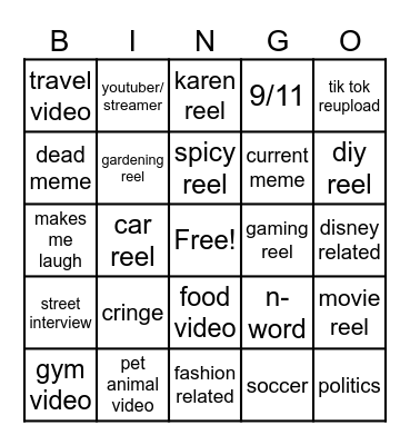 Instagram reel bingo Card