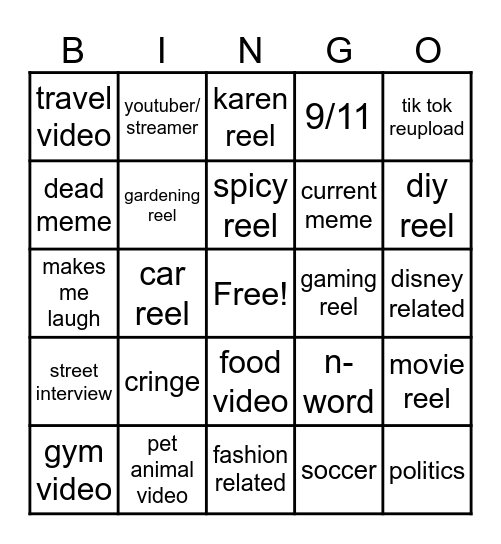 Instagram reel bingo Card
