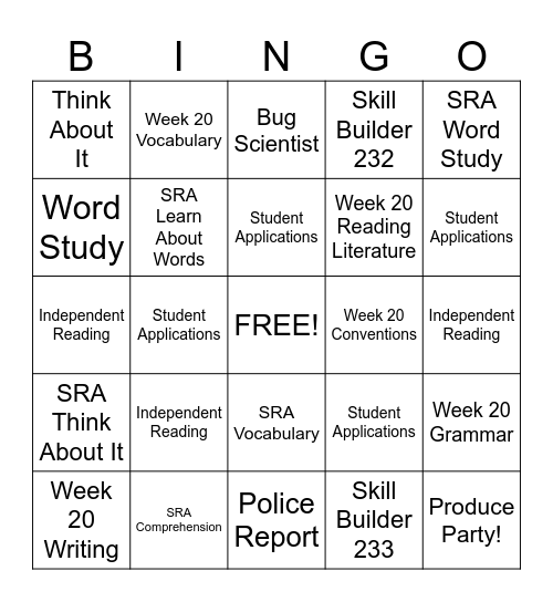 Student Choice Activity Bingo Card