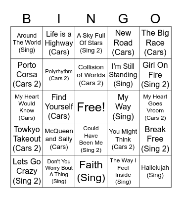 Disney's Cars (1,2) / Sing (1,2) Bingo Card