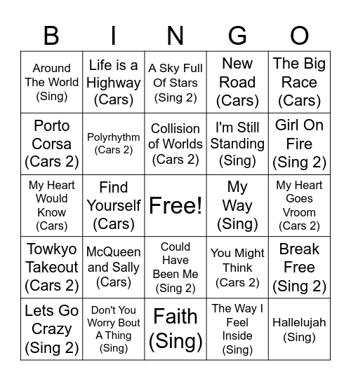 Disney's Cars (1,2) / Sing (1,2) Bingo Card