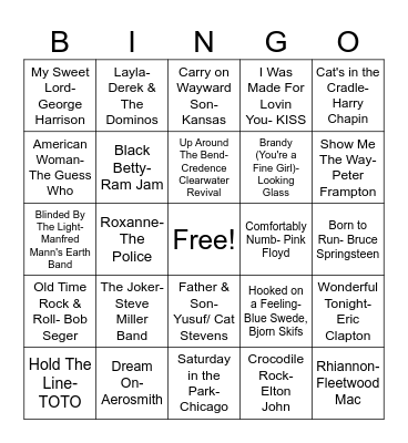 70s Classic Rock Bingo Card