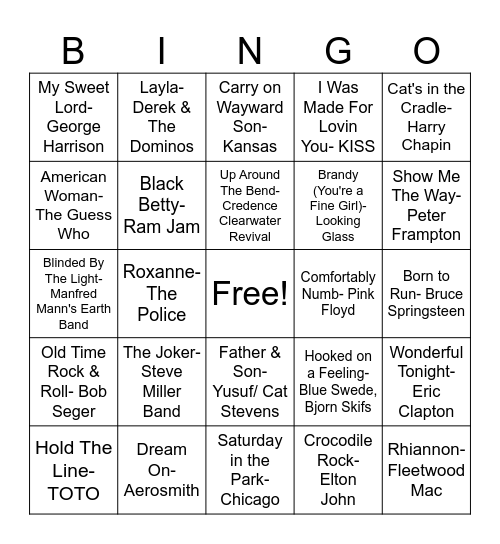 70s Classic Rock Bingo Card