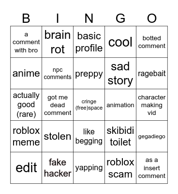 roblox ticktok Bingo Card