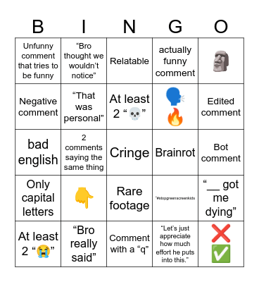 Youtube Shorts Comments Bingo Card
