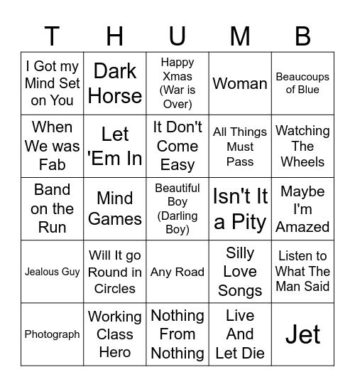 Life After The Beatles Bingo Card