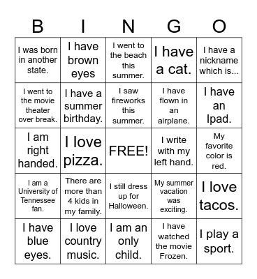 Back to School Bingo Card