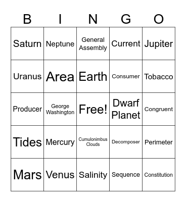 Review Terms Bingo Card