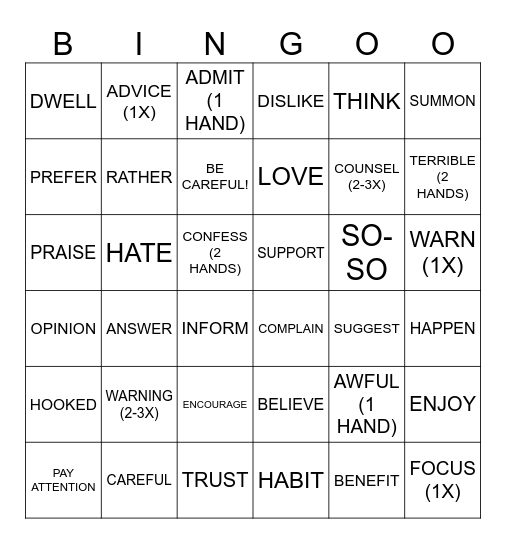 UNIT 8 SIGN VOCABULARY REVIEW I Bingo Card