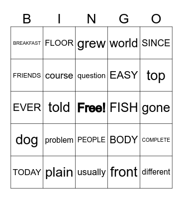 Grade 4 Sight Word Bingo Card