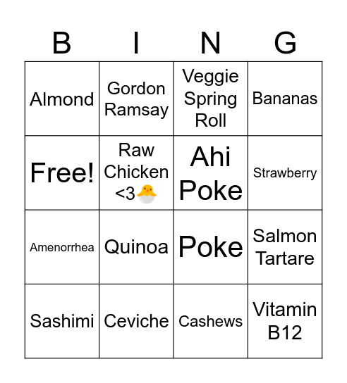 Raw Food Diet Bingo Card