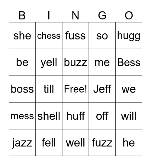 Sammy and Open 1-syllables Bingo Card