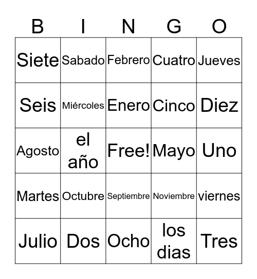 Los dias, y los meses del año Bingo Card