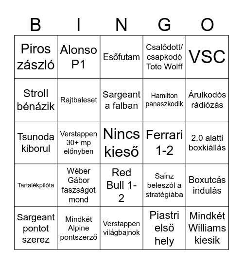 F1 2024 Bingo Card