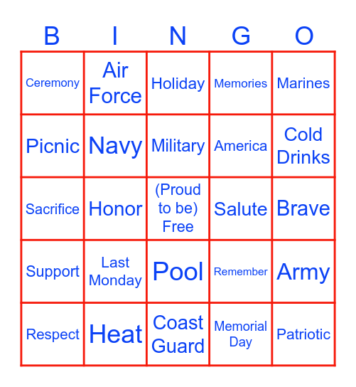 Memorial Day/Summer Bingo Card