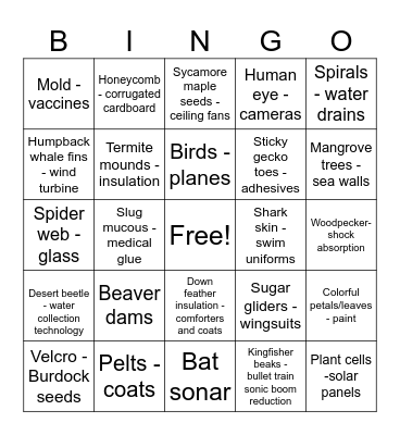 Biomimicry Bingo Card