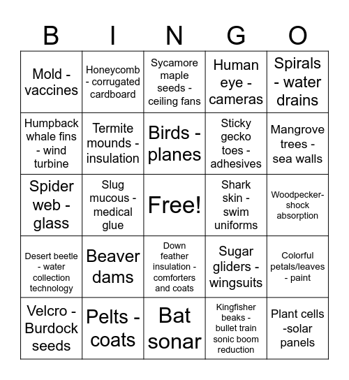 Biomimicry Bingo Card