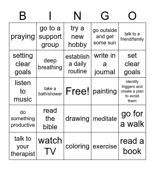 Coping Skills Bingo Card