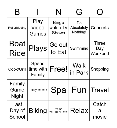 Weekend Plans Bingo Card