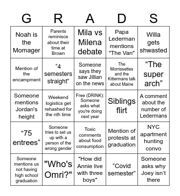 Grad Dinner Bingo!!!! Bingo Card