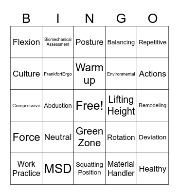 Ergonomics Bingo Card