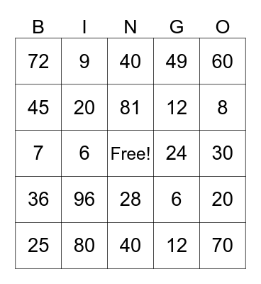 Multiplication Facts Bingo Card