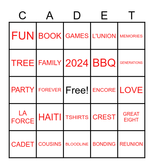 CADET FAMILY Bingo Card