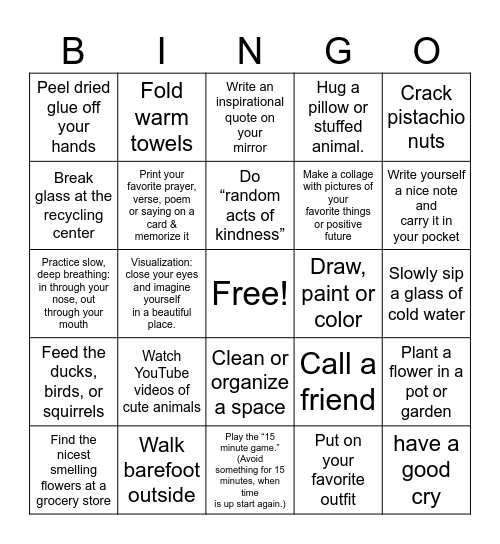 Crafty Coping Skills Bingo Card