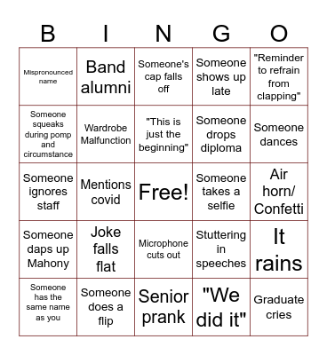 Graduation Bingo Card