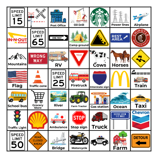 Road Trip Bingo Card