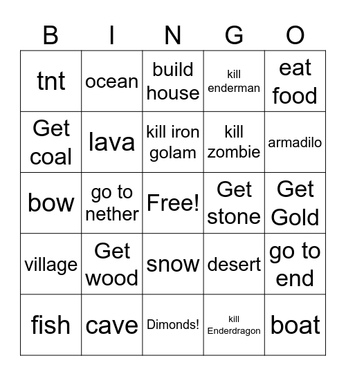 Minecraft Bingo Card