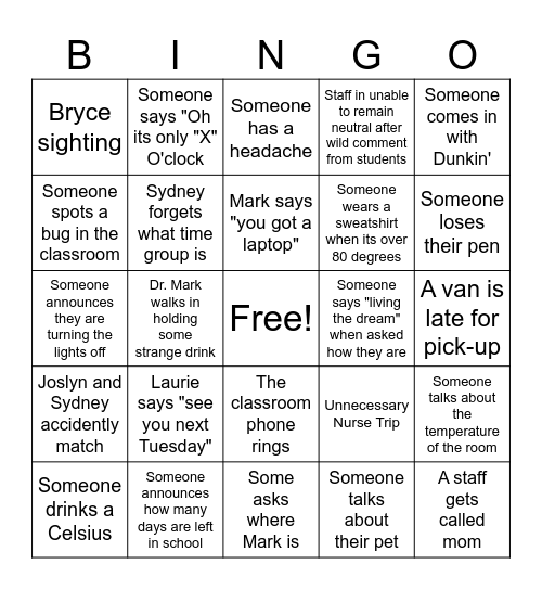 Bradley Bingo Card