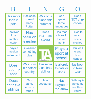 "Getting to Know You" Bingo Card